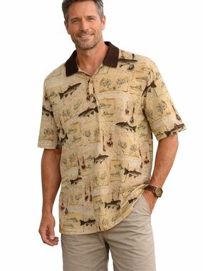 Vintage Fishing Print Polo Shirt Fish Lure Boat Beige L